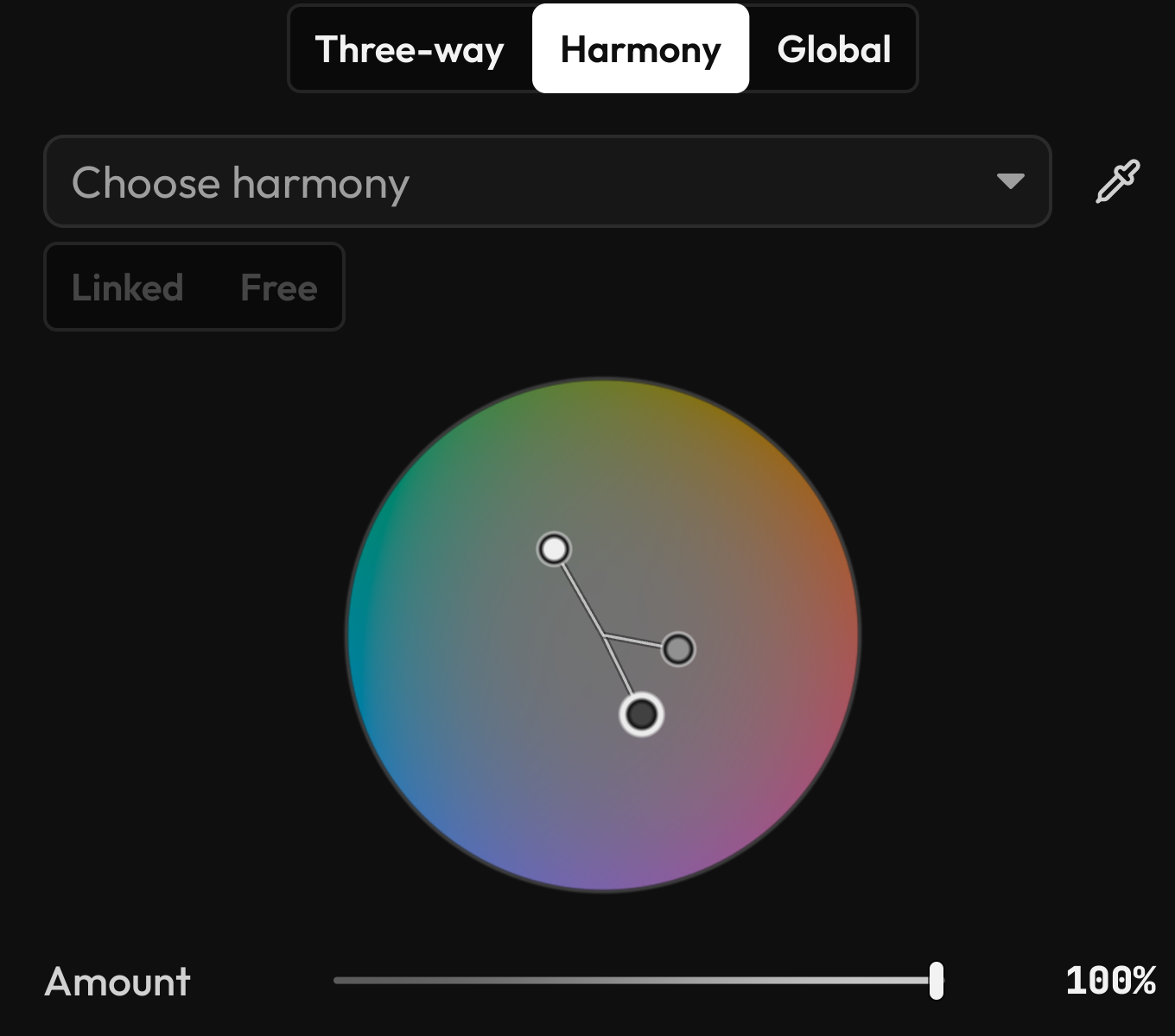 A close-up of Fractal's color harmony wheel, with linked shadow, midtone, and highlight points.