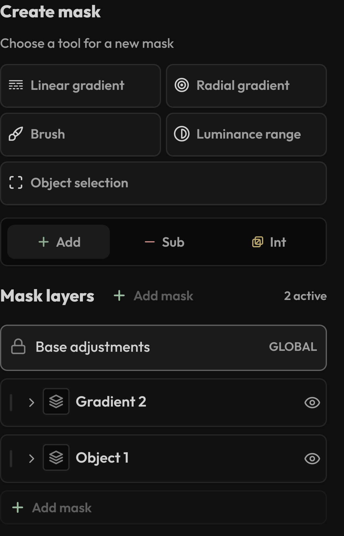 Fractal's mask tools and a gradient layer, with visibility controls and add, subtract, and intersect operations.
